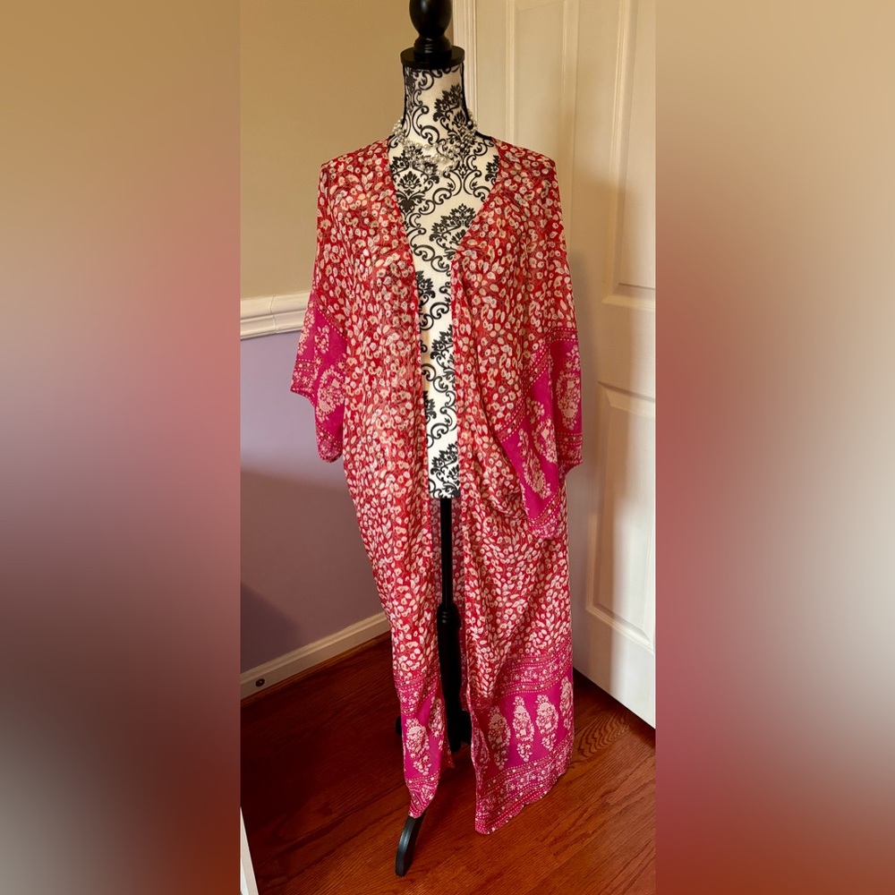 Boho PinkRed floral maxi long kimono beach coverup- L/XL - Picture 2 of 8